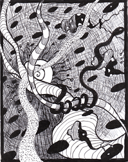Surreal, automatic (stream of consciousness) abstract ink drawing of spiral, snake and alien like forms
