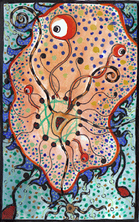 Surreal, automatic (stream of consciousness) ink and watercolor painting of amoeba, alien like form