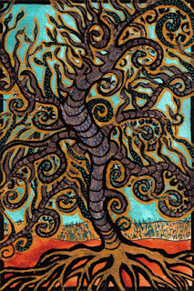 Surreal, automatic (stream of consciousness) ink, gouache and watercolor painting of a tree 