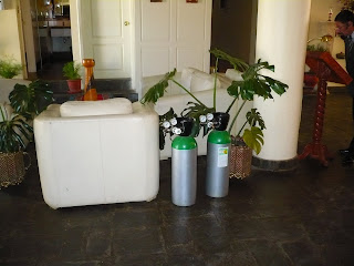 Oxygen cylinders in hotel lobby