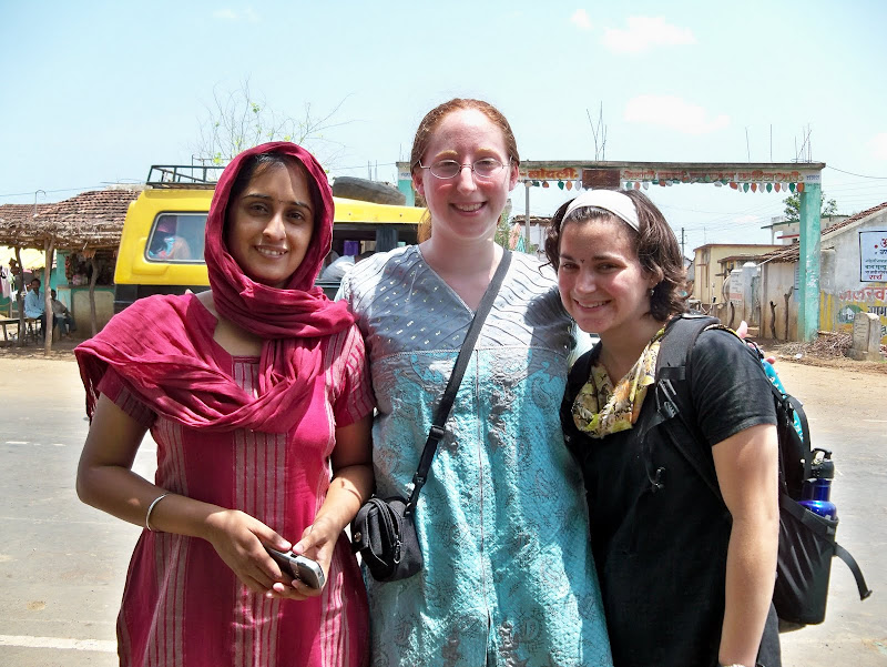 Bhagyashree, me, and Miriam waiting for the bus back to SEARCH. The title=