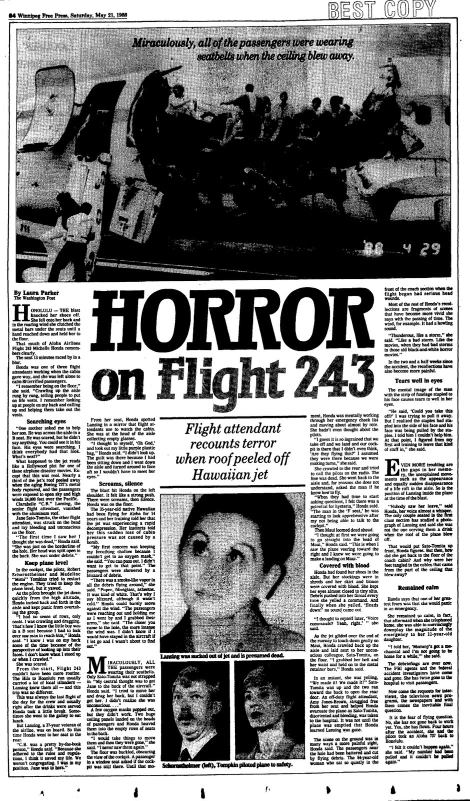 aloha flight 243 Aloha airlines flight 243 aloha airlines flight 243 (aq 243, aah 243) was a scheduled aloha airlines flight between hilo and honolulu in hawaii on april 28, 1988, a boeing 737-297 serving the flight suffered extensive damage after an explosive decompression in flight, but was able to land safely at kahului airport on maui. aloha flight 243 Aloha airlines flight 243 aloha airlines flight 243 (aq 243, aah 243) was a scheduled aloha airlines flight between hilo and honolulu in hawaii on april 28, 1988, a boeing 737-297 serving the flight suffered extensive damage after an explosive decompression in flight, but was able to land safely at kahului airport on maui.