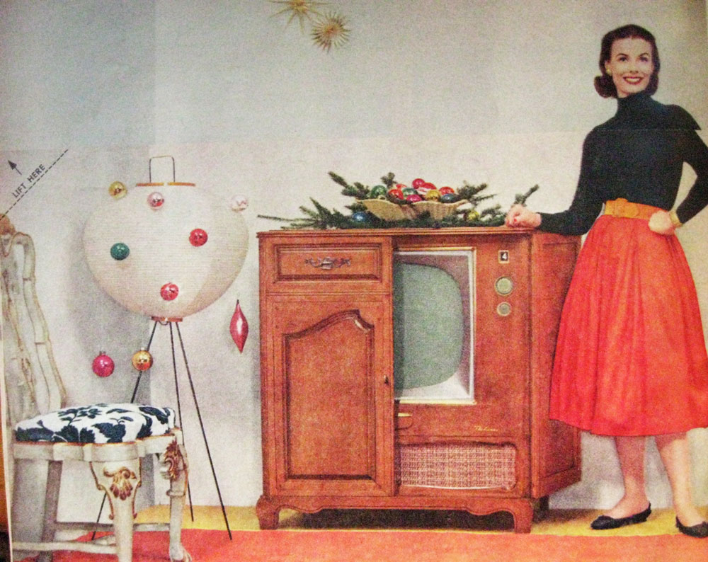 in each image she is wearing a different bottom has a new television and a new arrangement of totally hip moderne mid century christmas decorations - Mid Century Christmas Decor in each image she is wearing a different bottom has a new television and a new arrangement of totally hip moderne mid century christmas decorations - Mid Century Christmas Decor