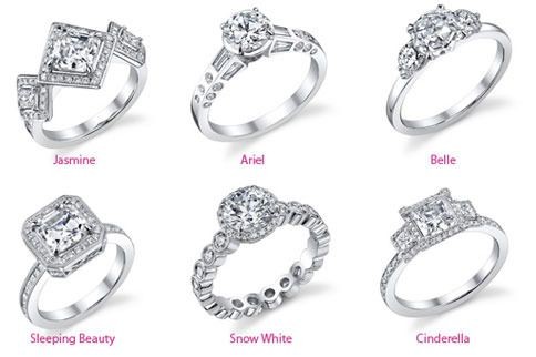 paired engagement rings with their assumed respective Disney princess