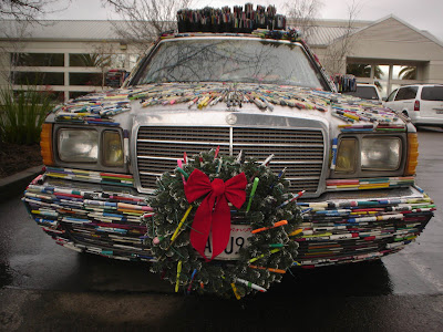 Pen Covered Christmas Wreath on the Mercedes Pens Art Car