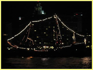 Pirate Ship Lit up at Night