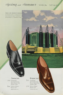 The Savoy and Brogue model shoes, accompanying an image of the Travel and Transport Building.