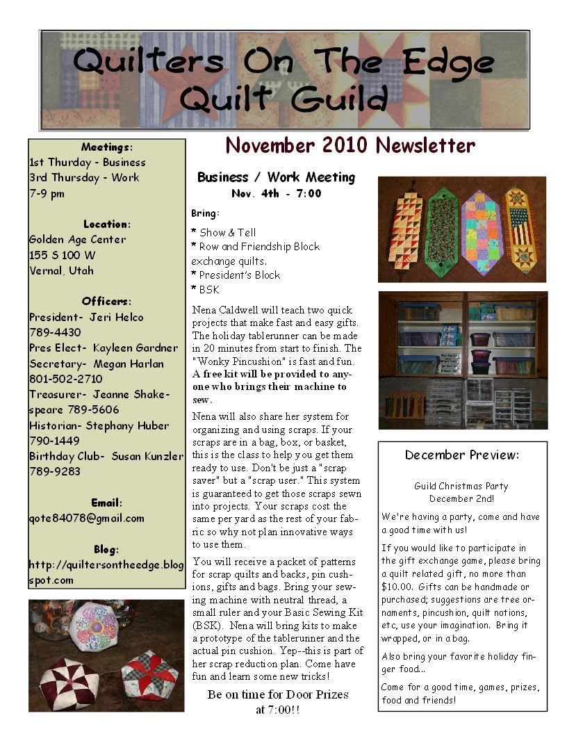 Quilters On The Edge Quilt Guild November 2010 Newsletter