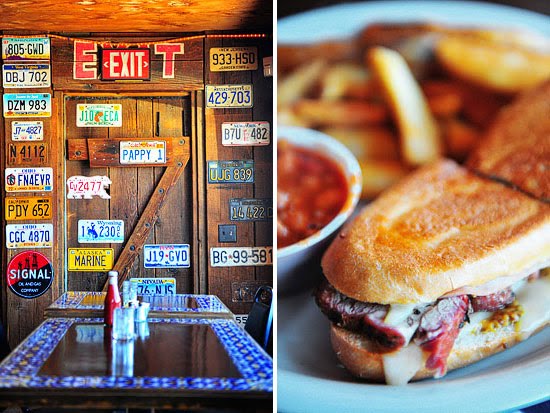 A kaleidoscope of license plates on the walls; crispy Cuban sandwich with homemade pinto beans and steak fries A kaleidoscope of license plates on the walls; crispy Cuban sandwich with homemade pinto beans and steak fries