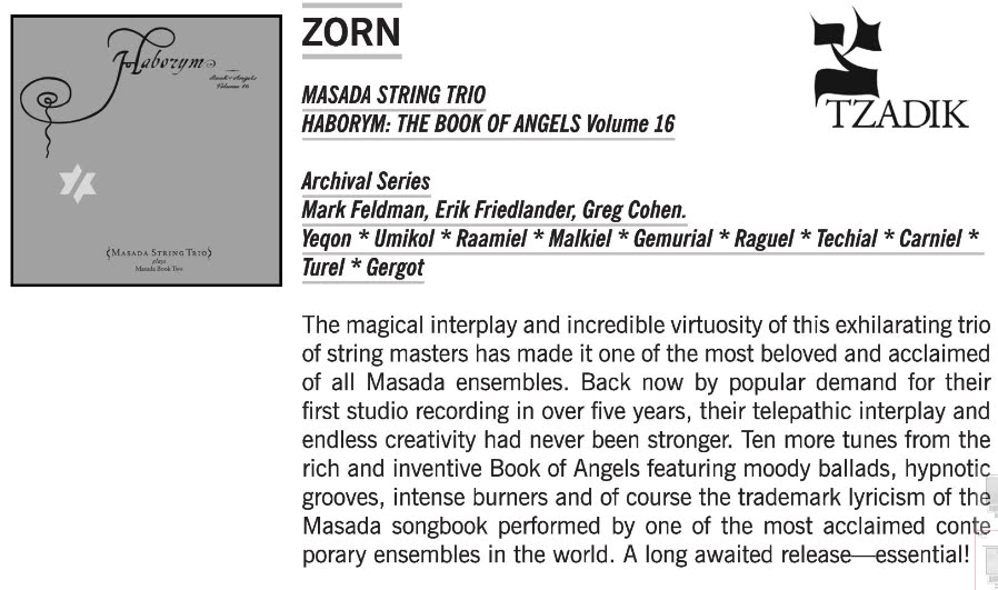 John Zorn / Masada String Trio - Haborym: Book Of Angels Volume 16 John Zorn / Masada String Trio - Haborym: Book Of Angels Volume 16