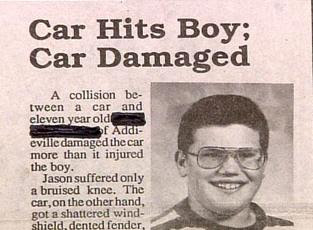 really funny news story about boy getting hit by car but unhurt car trashed great far side picture of boy
