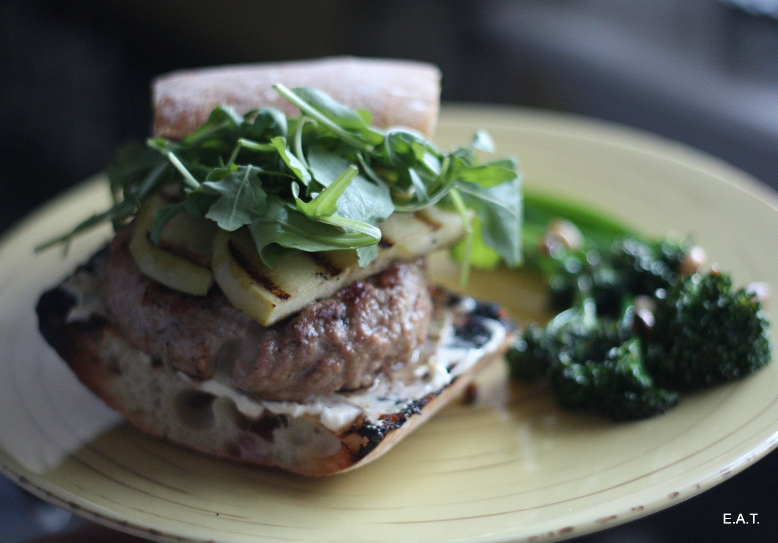 E.A.T. Sunday Supper "Turkey burgers with brie, granny smith apples, and arugula"