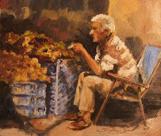 Fruit Seller (Smoke break) - New oil painting by South African artist Stephen Scott