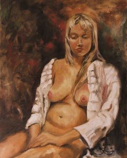 Nude in white robe, oil painting, Stephen Scott