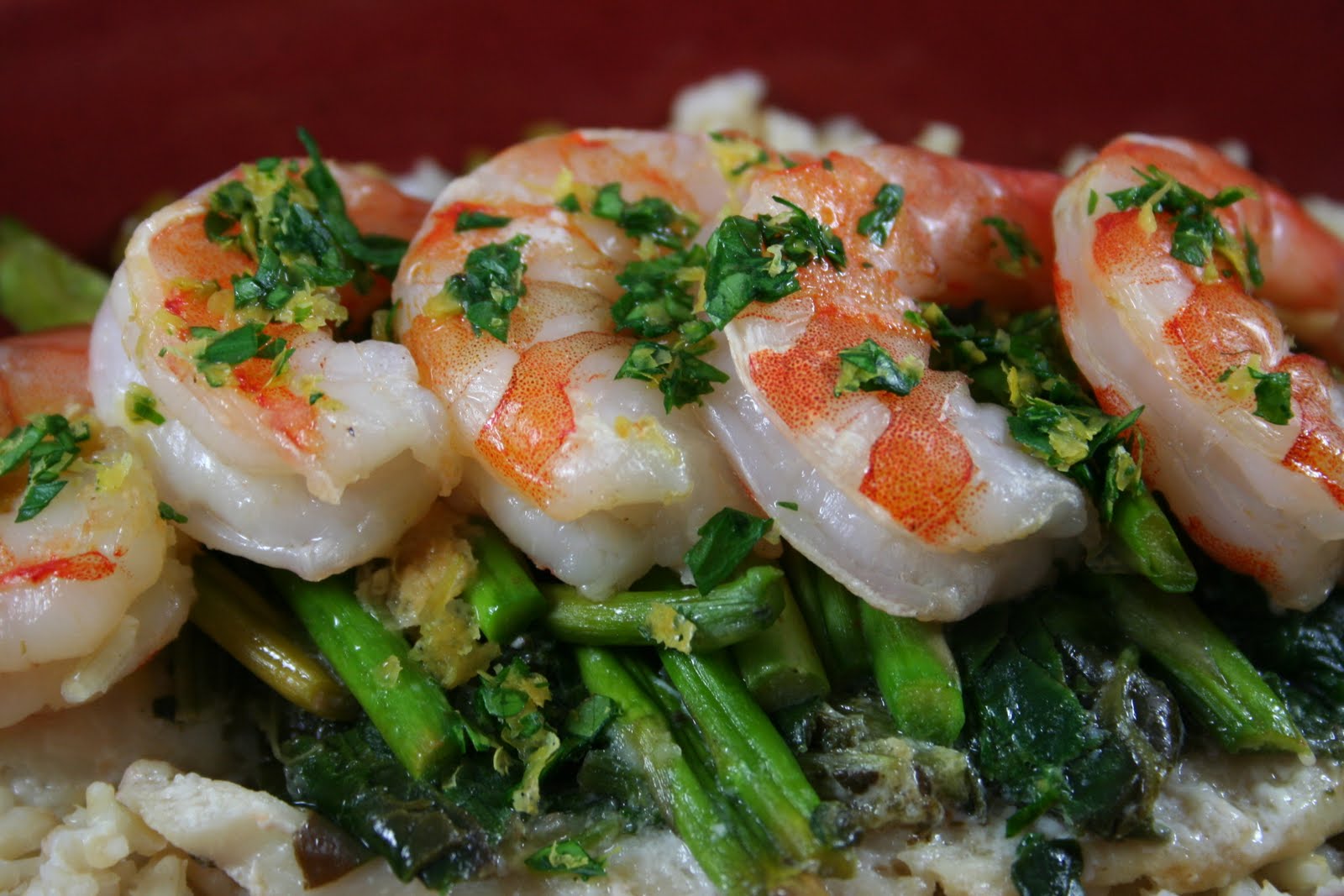 Crostini and Chianti Tilapia Topped with Shrimp, Asparagus and Spinach