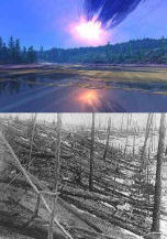 Una ricostruzione artistica dell'evento di Tunguska e una foto d'epoca degli alberi spianati dall'esplosione Evento Tunguska