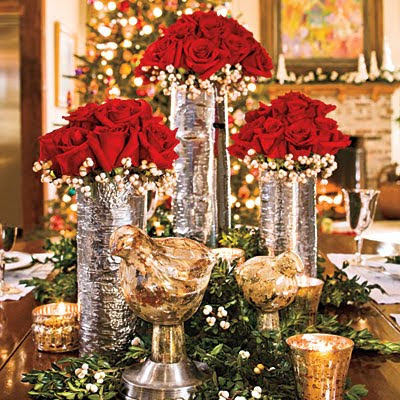 Silver christmas centerpiece with red roses