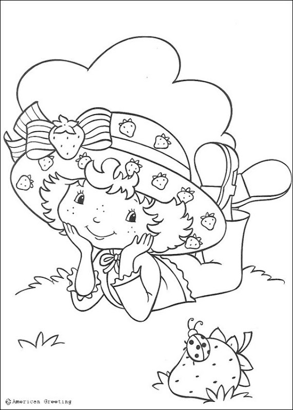 Strawberry Shortcake coloring pages on lawn with ladybug title=