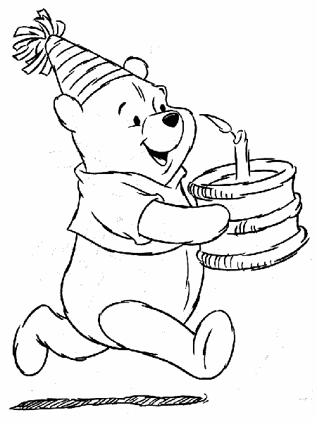Birthday coloring sheet of Winnie The Pooh with cake and candle title=