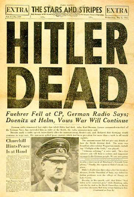 Cover of US armed forces newspaper The Stars and Stripes, 2 May 1945, announcing that Hitler is dead.