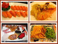 Photo collage of Japanese food, including sushi, tempura, fried lotus root, Japanese broad bean (soramame)