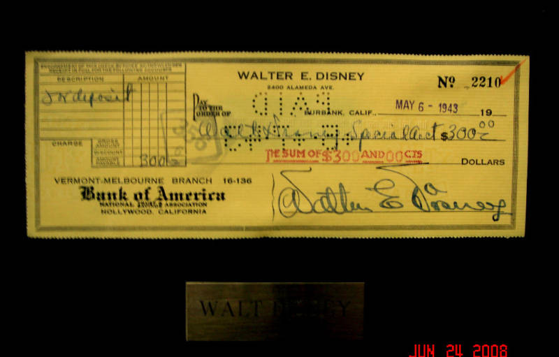 An Original Walt E. Disney Personal Check Disney History
