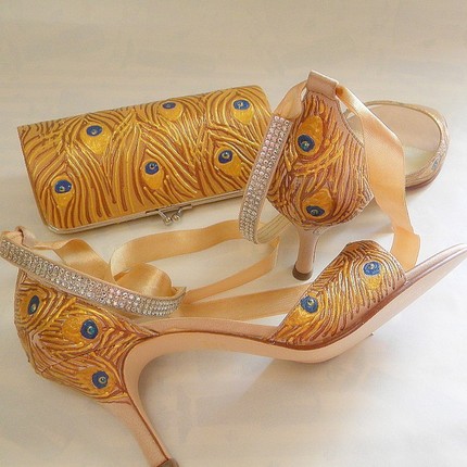 Shoes Bridal FALL WEDDING painted peacock feather gold tones LATTE Shoes Bridal FALL WEDDING painted peacock feather gold tones LATTE