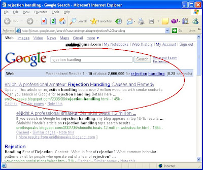 Shrinidhi Hande's article on rejection handling tops search results beating 2 million websites