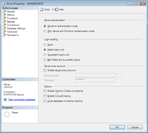 SQL Server Properties - Security Page