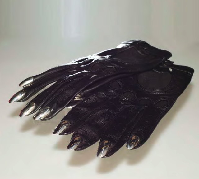 above photo:black leather driving gloves with white gold nails