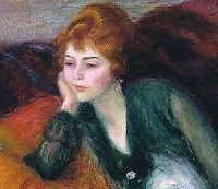 A painting of a young red-haired woman in green, lounging on a sofa, looking slightly to the right with a thoughtful expression. Painting is a cropped portion of William Glacken's _Young Woman In Green_.