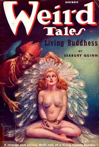 A near naked woman is tied up and menaced by a dark skinned man