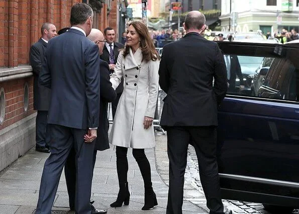 Kate Middleton wore Reiss Olivia double breasted coat, Equipment slim signature polka dot shirt, Russell and Bromley boots