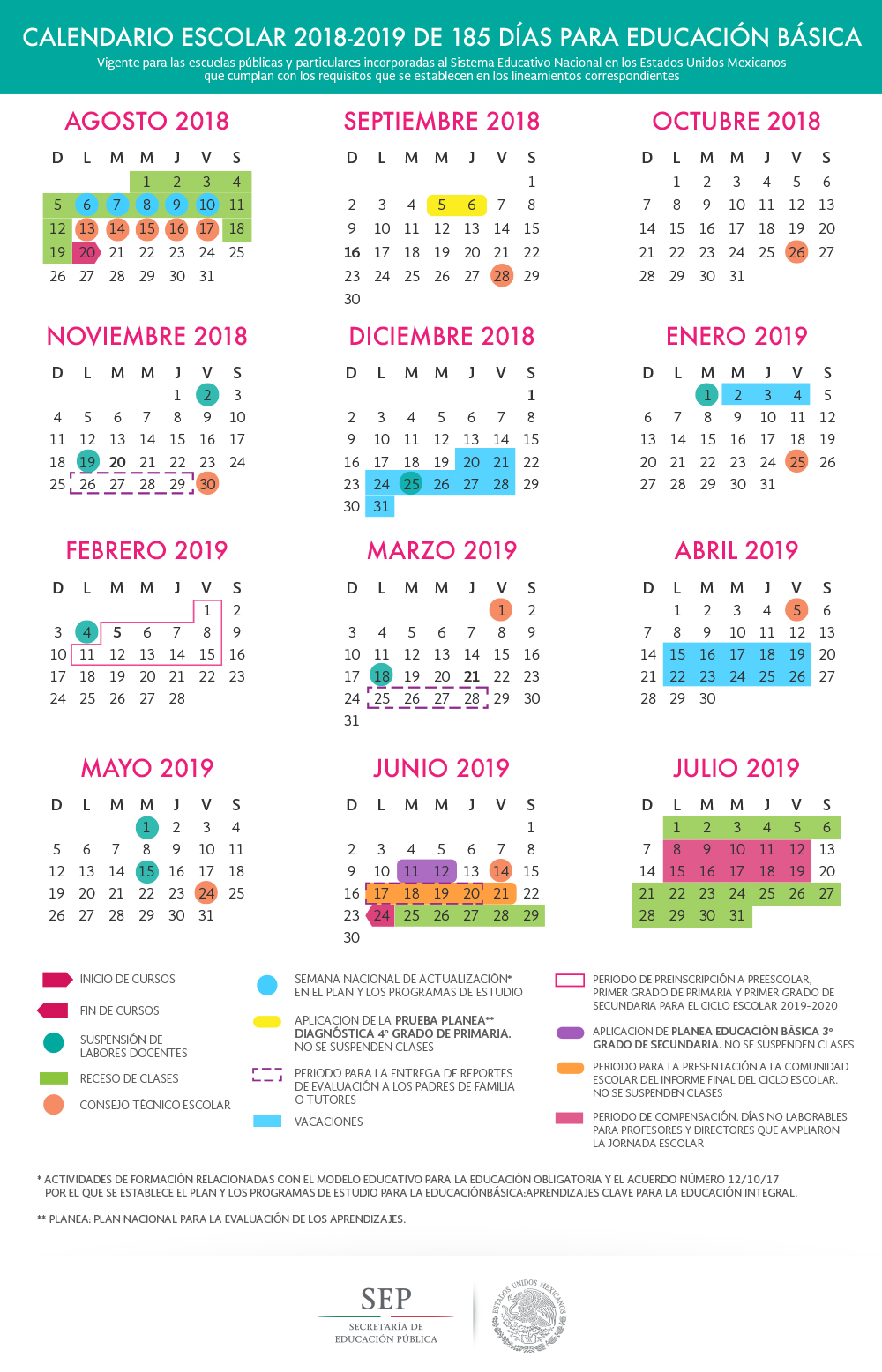 Calendario escolar de 185 días Sep 2018-2019 educación básica, descansos escolares
