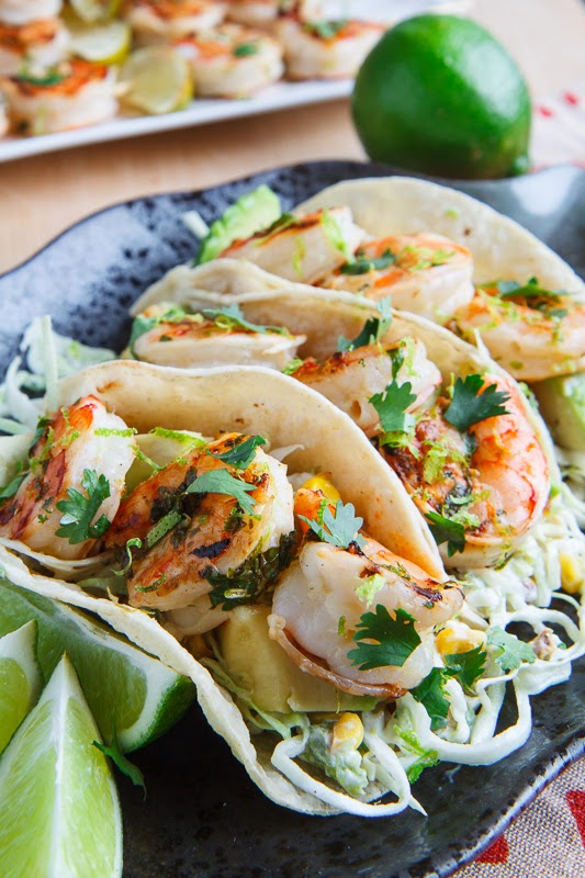 Cilantro Lime Shrimp Tacos with Roasted Corn and Jalapeno Slaw and ...