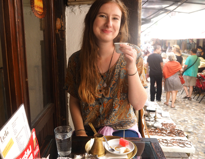 Trying traditional Bosnian coffee in Mostar 