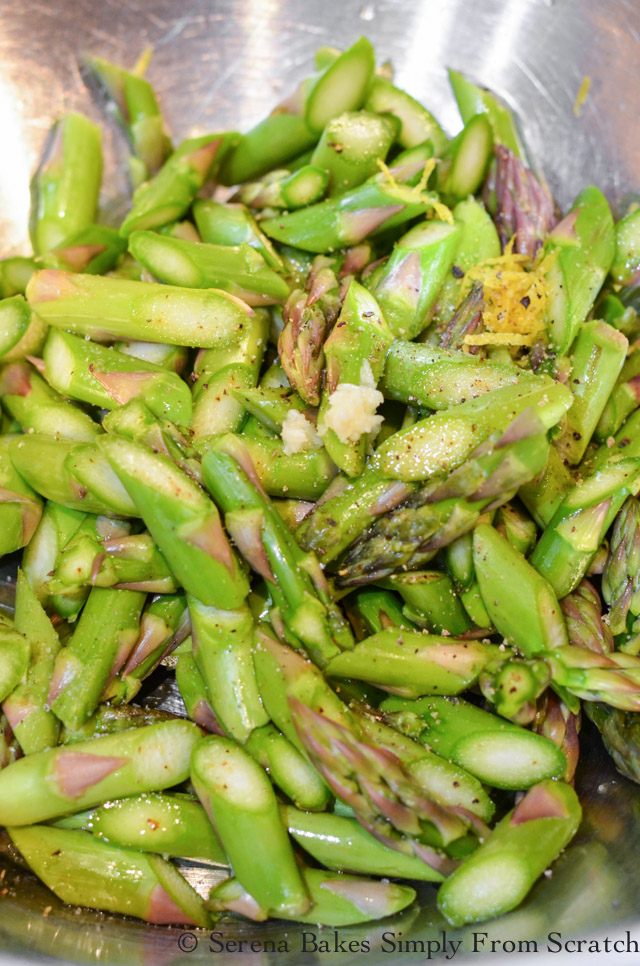 Roast asparagus with olive oil, lemon zest, salt, and pepper.