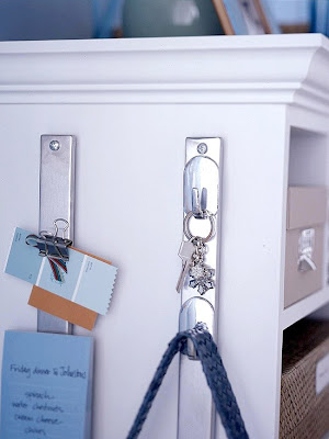 Home office organizing tips, tricks and hacks. Use the side of your desk for more storage room and places to tack notes. Install a magnetic knife wall mount to the side of your desk or a shelving unit and attach magnetic hooks. Use it to hang your keys, purse, or even binder clips with notes.