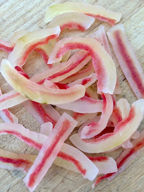 Finished strips of candied watermelon rind.