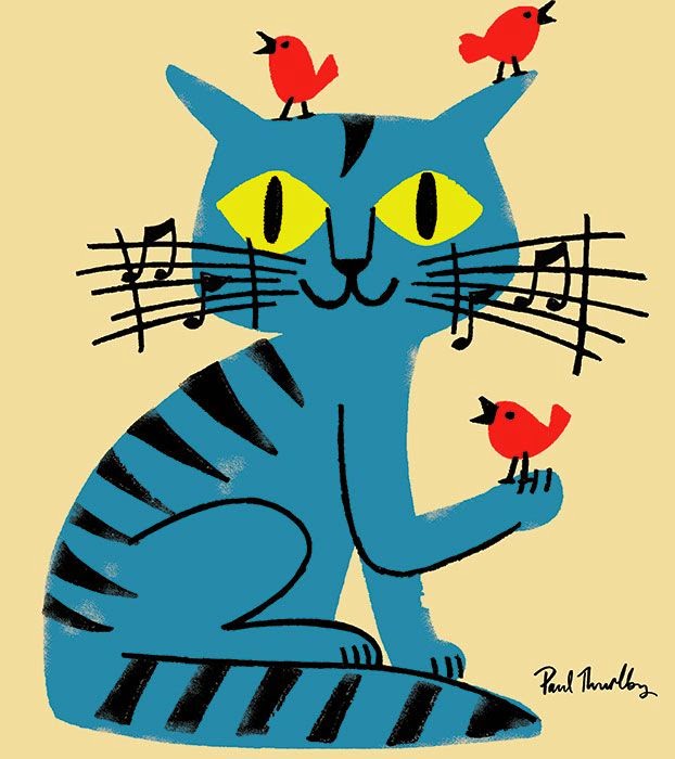 a musical blue cat and birds illustration by Paul Thurlby