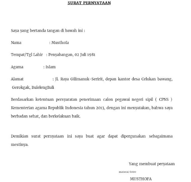 Contoh Surat Pernyataan