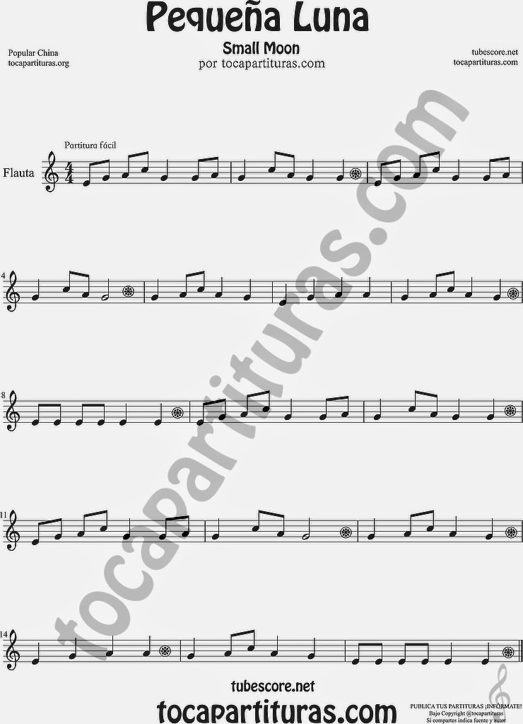  Pequeña Luna Partitura de Flauta Travesera, flauta dulce y flauta de pico Sheet Music for Flute and Recorder Music Scores 方便兒童歌曲樂譜小月亮流行民歌在中國的長笛