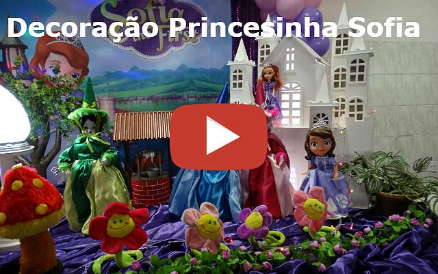 Mesa decorada luxo para festa de aniversário infantil tema Princesa Sofia Decoração luxo para festa de aniversário tema Princesa Sofia