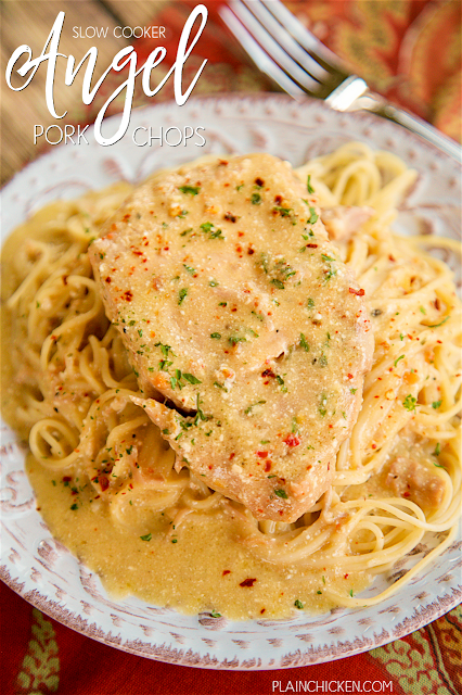 Slow Cooker Angel Pork Chops - THE BEST pork chops EVER! Everyone cleaned their plate!!! SO tender and full of flavor. Pork chops, Italian dressing mix, cream cheese, butter, cream of chicken soup and white wine/chicken broth. Serve over angel hair pasta. Make sure to spoon the sauce out of the slow cooker - it is SO good!!! Slow Cooker Angel Pork Chops - THE BEST pork chops EVER! Everyone cleaned their plate!!! SO tender and full of flavor. Pork chops, Italian dressing mix, cream cheese, butter, cream of chicken soup and white wine/chicken broth. Serve over angel hair pasta. Make sure to spoon the sauce out of the slow cooker - it is SO good!!!