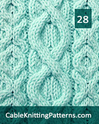 Cable Panel 28. Knit with 23 stitches and 16-row repeat. Techniques used: 3/3 right cross, 3/3 left cross, 3/1/3 left purl cross.