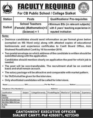Female Teaching Latest Jobs in CB Public School & College Sialkot November 2018