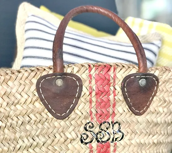 Straw basket with stripe and monogram