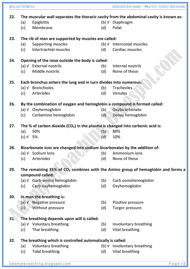 Adamjee Coaching Gaseous Exchange MCQs Biology 11th