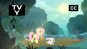 Fluttershy walking through the forest picking flowers with angle bunny.
