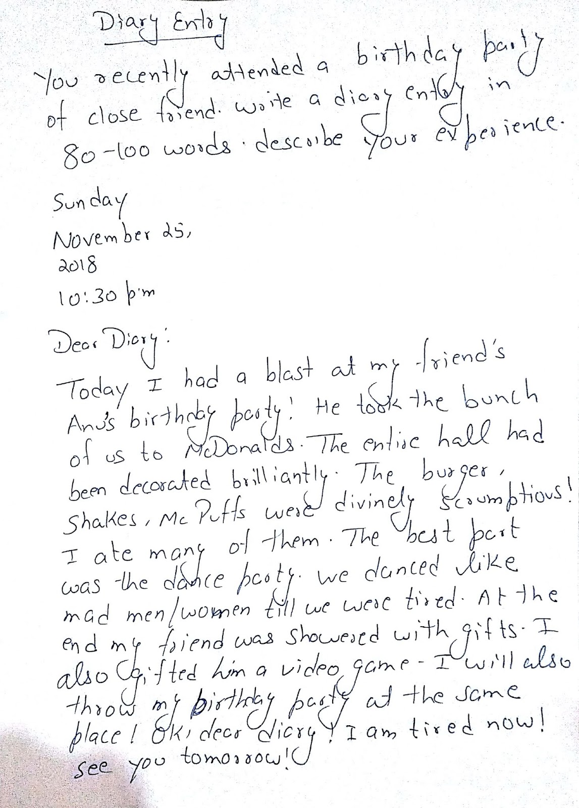 My Vincent Classes Class 8 Diary Entry Recently Attended Birthday 